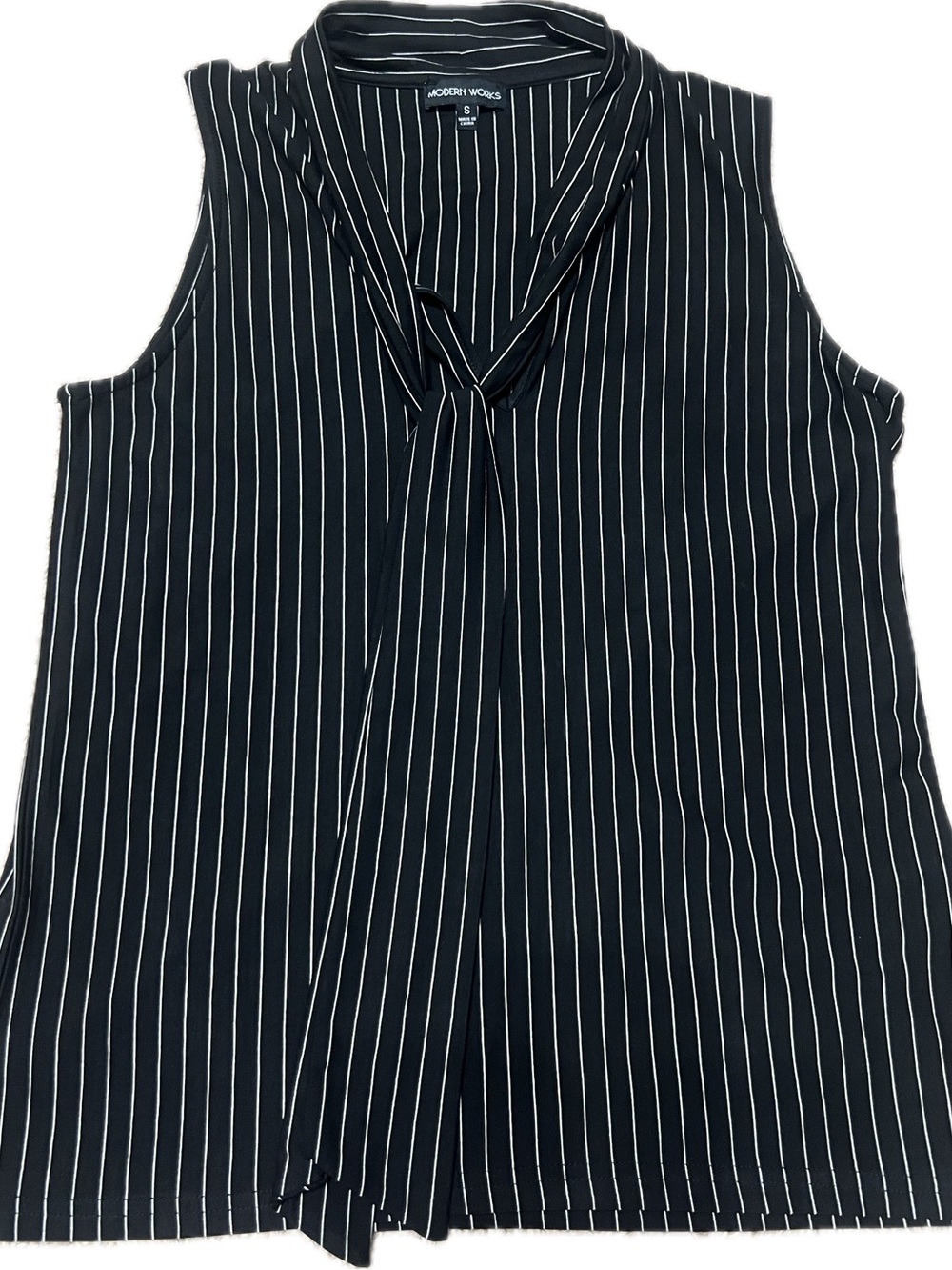 Modern Works Black Pinstripe Tie-Neck Sleeveless Blouse